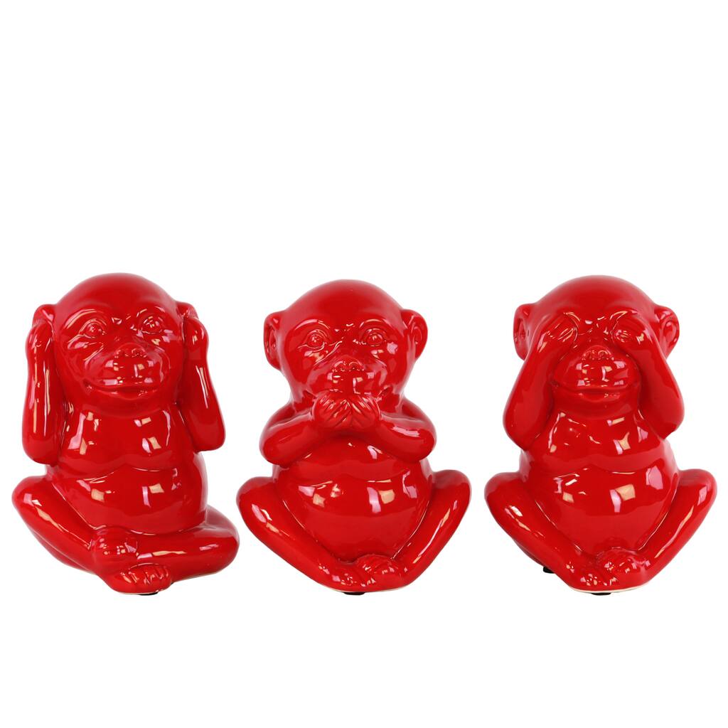 Glossy Red Finish Ceramic Standing Monkey No Evil Figurines (Set of 3)