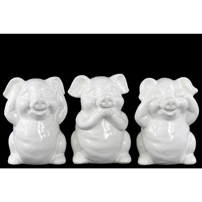 Glossy White Finish Ceramic Standing Pig No Evil Figurines (Set of 3)