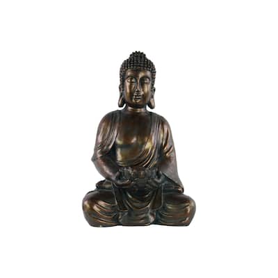 Antique Dark Bronze Fiberstone Meditating Buddha Statue in Dhyana Mudra with Rounded Ushnisha and Bowl