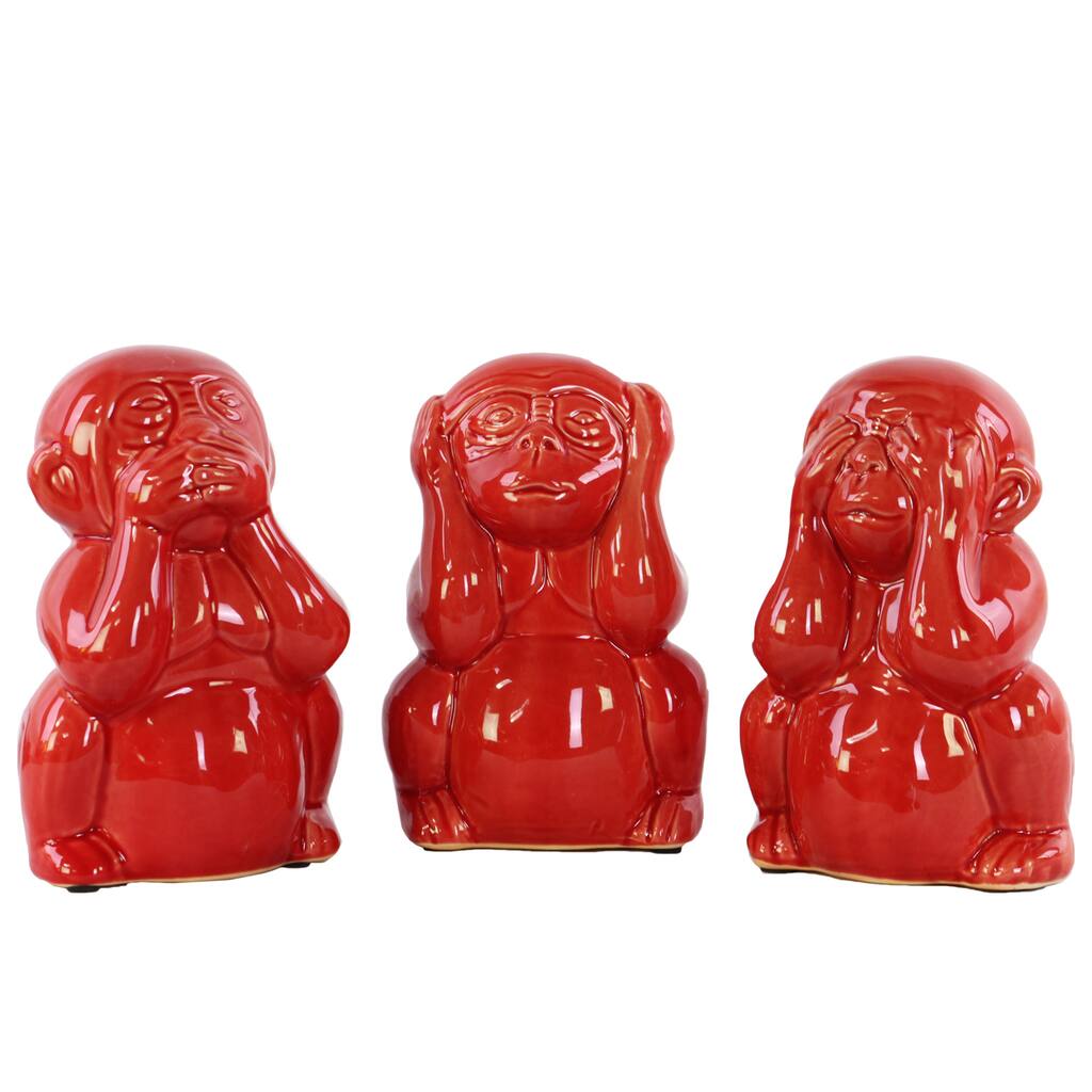 Ceramic Monkeys No Evil (Hear/Speak/See) Figurine Assortment Of Three Gloss Finish Red