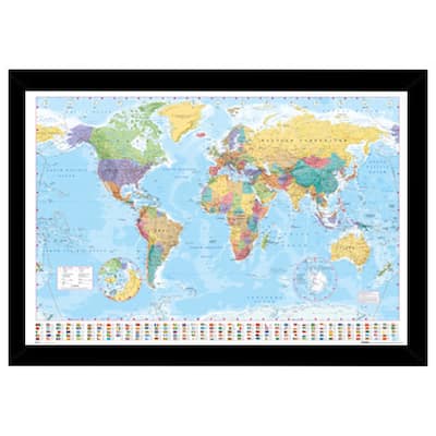 World Map Print with Traditional Black Wood Frame