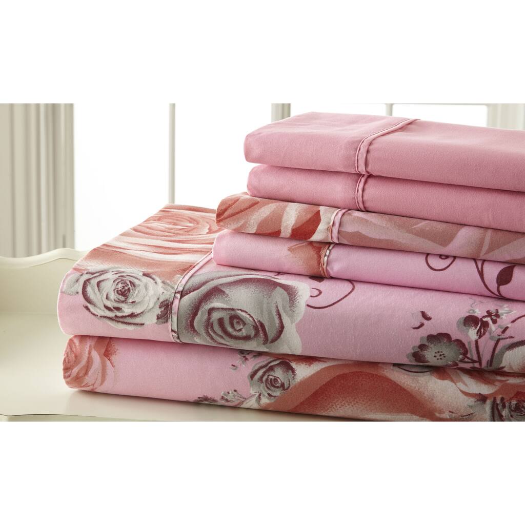 6-piece 100GSM Pink and Grey Roses Printed Sheet Set