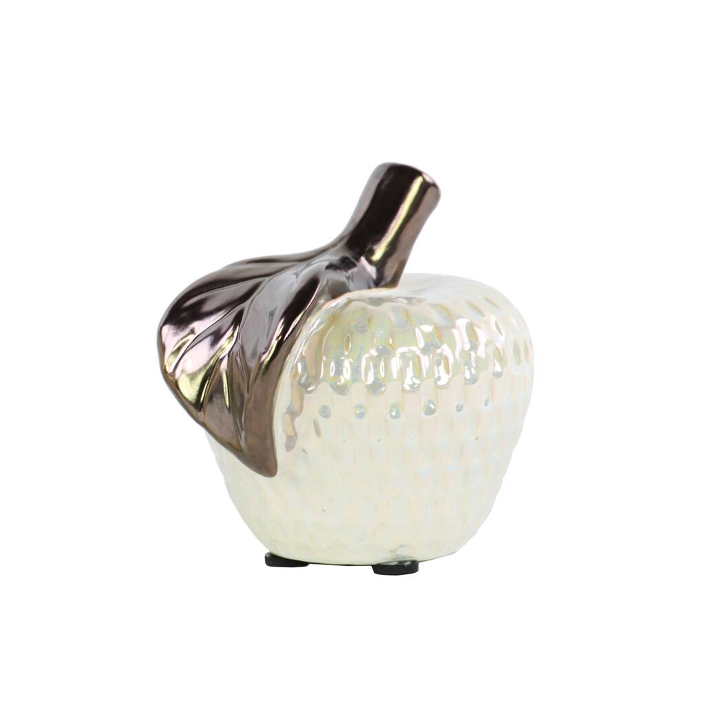 Pearl Glossy Cream Finish Ceramic Apple Figurine with Copper Leaf Small