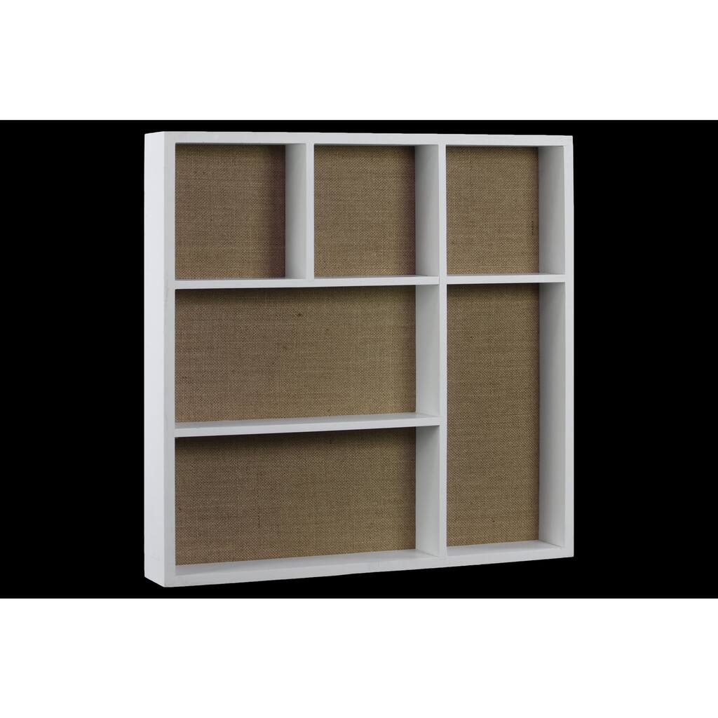 Wood Coated Matte Finish White Square Wall Shelf with Burlap Backing and 6 Slots