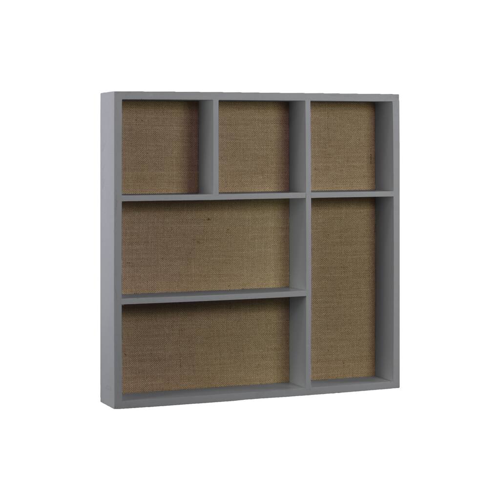 Wood Coated Matte Finish Gray Square Wall Shelf with Burlap Backing and 6 Slots