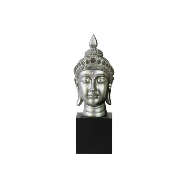 Resin Gloss Finish Silver Buddha Head with Pointed Ushnisha and Floral ...