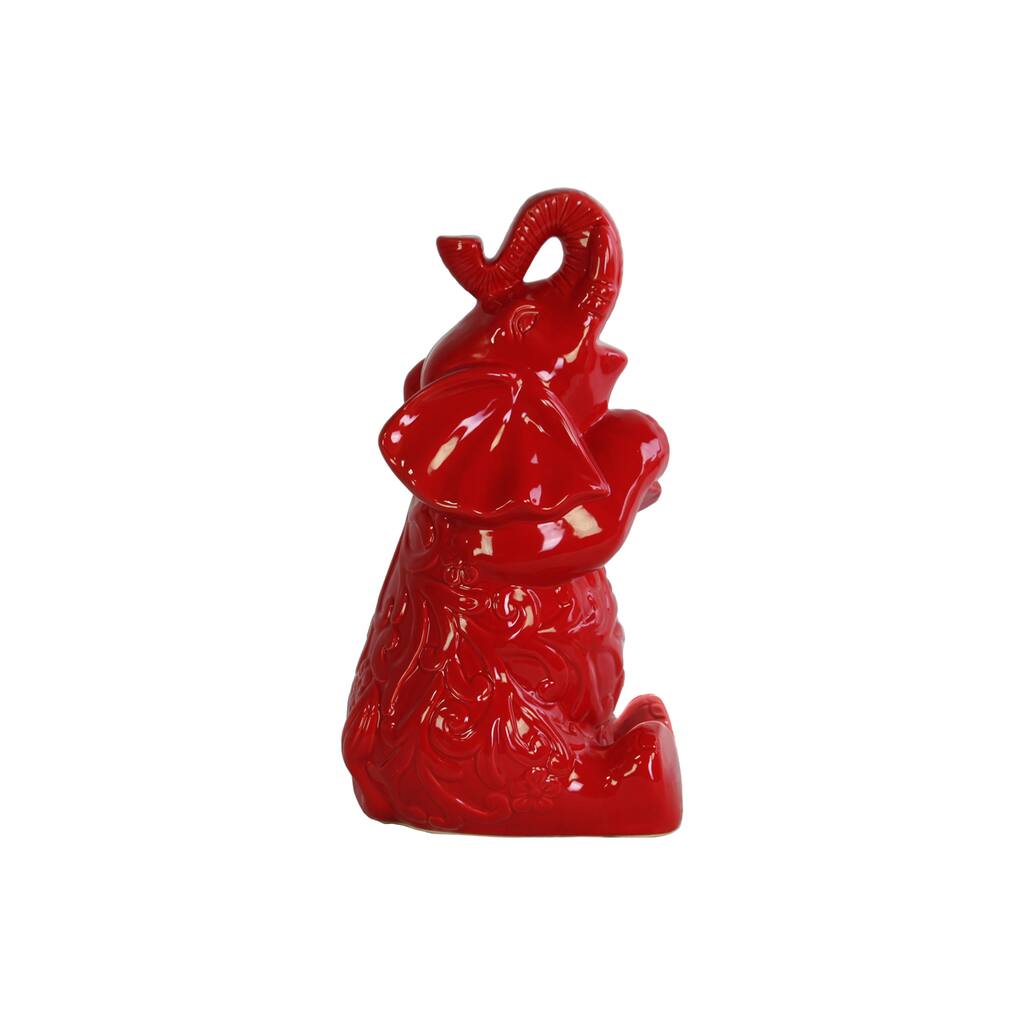 Glossy Red Finish Ceramic Sitting and Trumpeting Elephant with Arms Crossed Figurine Large
