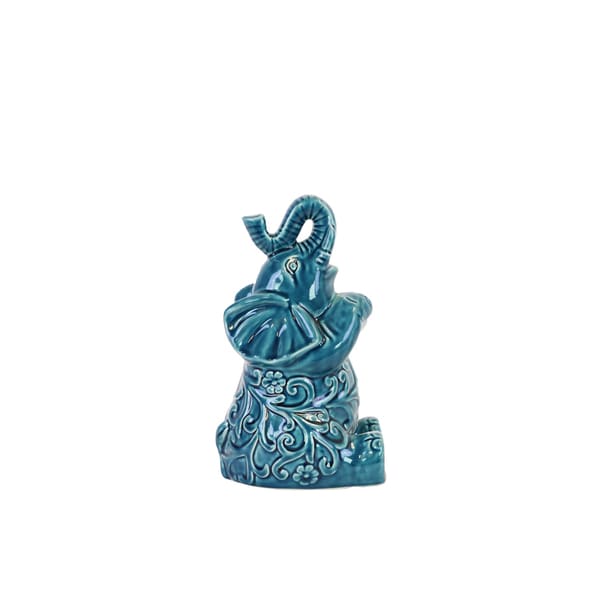 Ceramic Trumpeting and Sitting Up Elephant Figurine with Arms Crossed SM Gloss Finish Turquoise