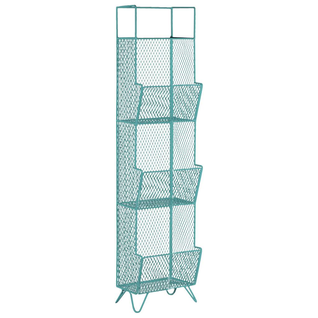 Metal Floor Shelf with 4 Tiers, Mesh Sides, 3 Storage Bins and 1 Top Shelf Gloss Finish Blue