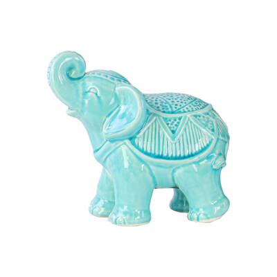 Glossy Blue Finish Ceramic Standing Trumpeting Ceremonial Elephant Figurine