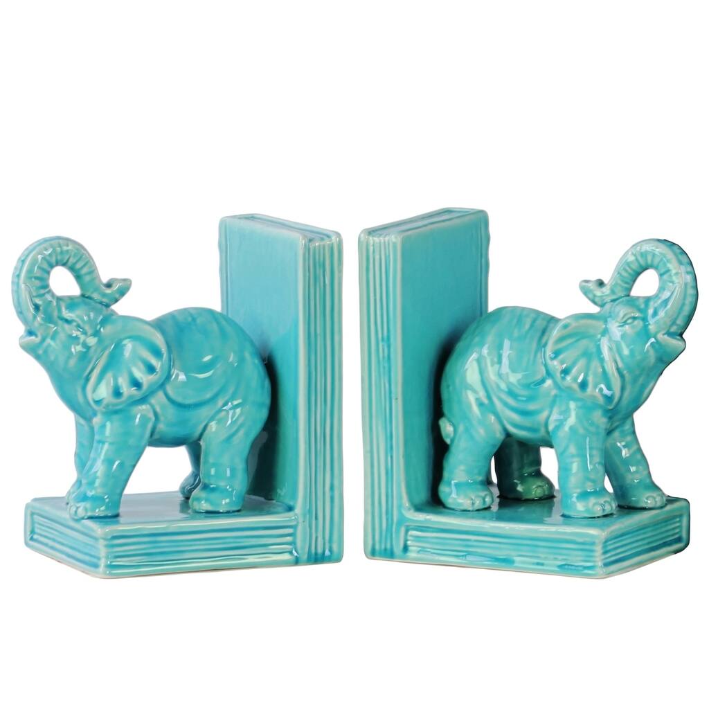 UTC40602-AST: Ceramic Standing Trumpeting Elephant on Base Bookend Assortment of Two Gloss Finish Blue