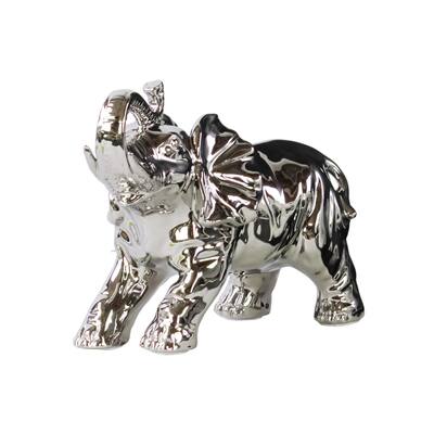 Porcelain Polished Chrome Finish Silver Standing Trumpeting Elephant Figurine