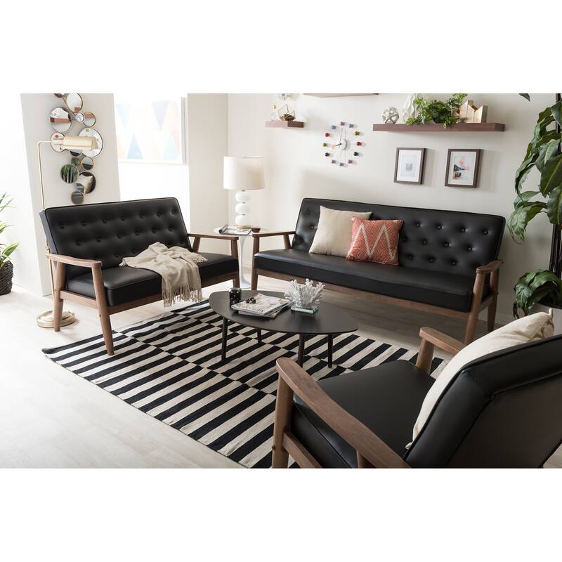 Baxton Studio Sorrento Mid-century Retro Modern Black Faux Leather Upholstered Wooden 3-Piece Sofa Set