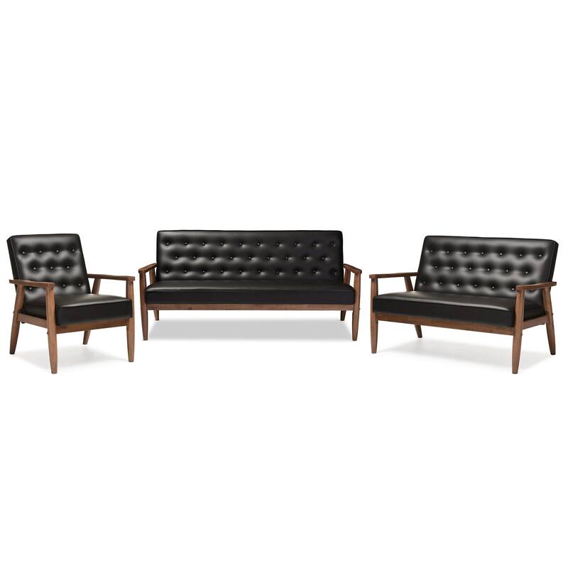 Baxton Studio Sorrento Mid-century Retro Modern Black Faux Leather Upholstered Wooden 3-Piece Sofa Set