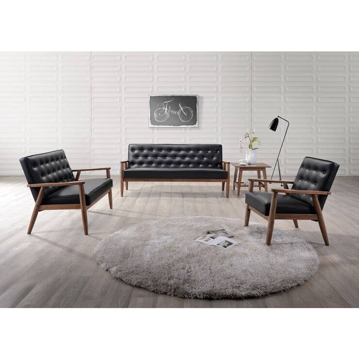 Baxton Studio Sorrento Mid-century Retro Modern Black Faux Leather Upholstered Wooden 3-Piece Sofa Set