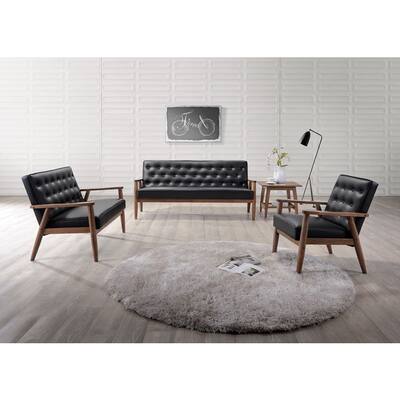 Baxton Studio Sorrento Mid-century Retro Modern Black Faux Leather Upholstered Wooden 3-Piece Sofa Set