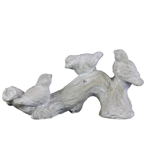 Cement Tree Branch Sculpture with 3 Mounted Bird Figurines Washed Concrete Finish White