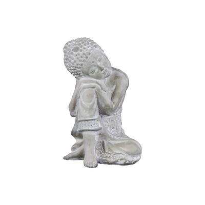 Cement Washed Concrete Finish White Sitting Buddha Figurine with Rounded Ushnisha and Head Resting on Knee