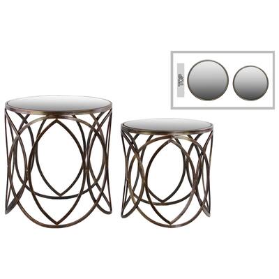 Tarnished Bronze Finish Metal Round Nesting Accent Table with Mirror Top and Swirl Design (Set of 2)