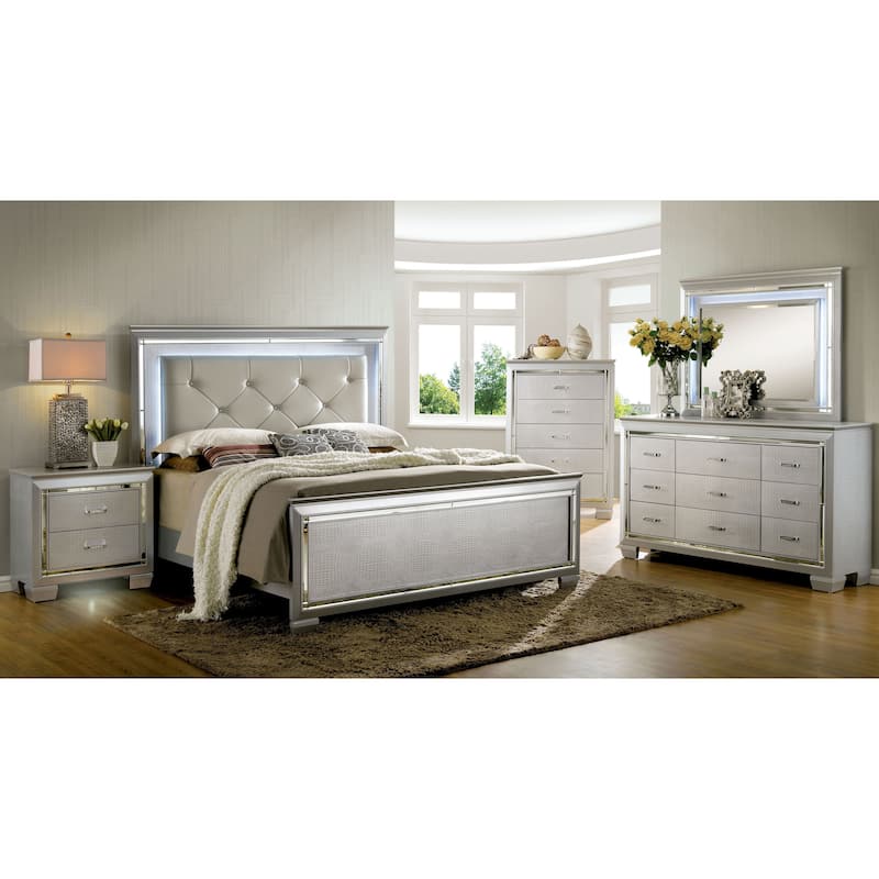 Furniture of America Ruff Lighted Silver Faux Leather Panel Bed
