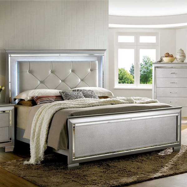 Furniture of America Ruff Lighted Silver Faux Leather Panel Bed