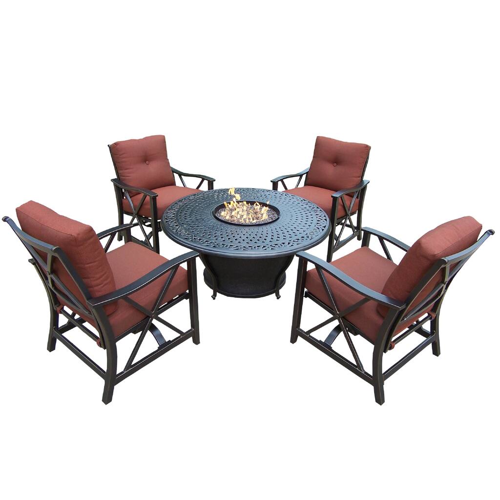Premium Carolton 5-piece Round Firepit Table Chat Set with 4 Cushioned Rocking Chairs