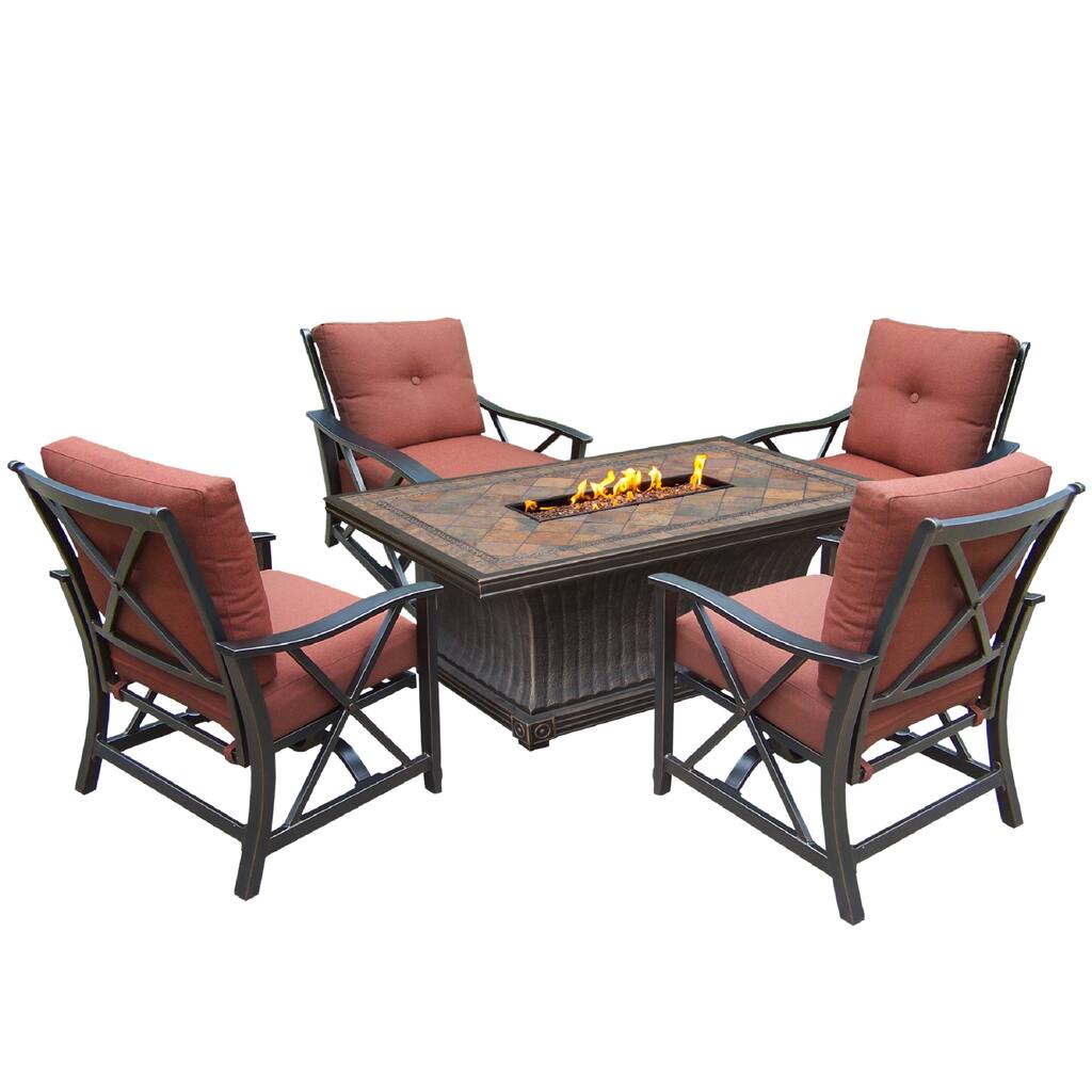 5-piece Gas Firepit Table Chat Set with 4 Cushioned Rocking Chairs