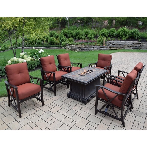 Shop 7 Pc Red Lava Rock Gas Firepit Table With 6 Cushioned