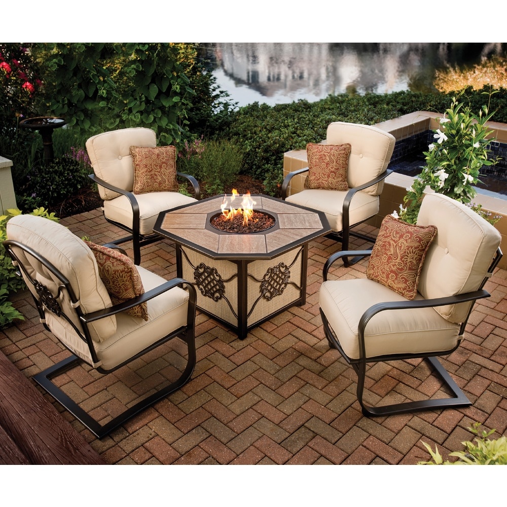 Oakland Living Corporation Premium Memorial 5-piece Porcelain Octagon Gas Firepit Table Chat Set with 4 Cushioned Chairs