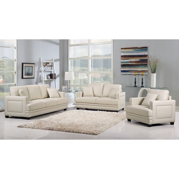 Ferrara Beige Leather Nailhead Modern Contemporary Living Room Set