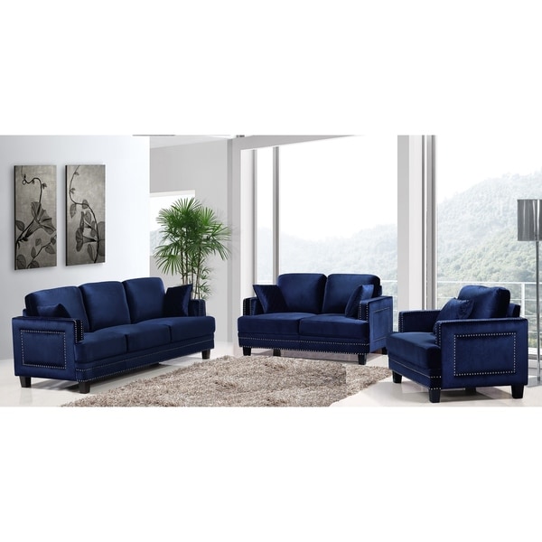 Shop Ferrara Navy Velvet Nailhead Living Room Set - Overstock - 11023830