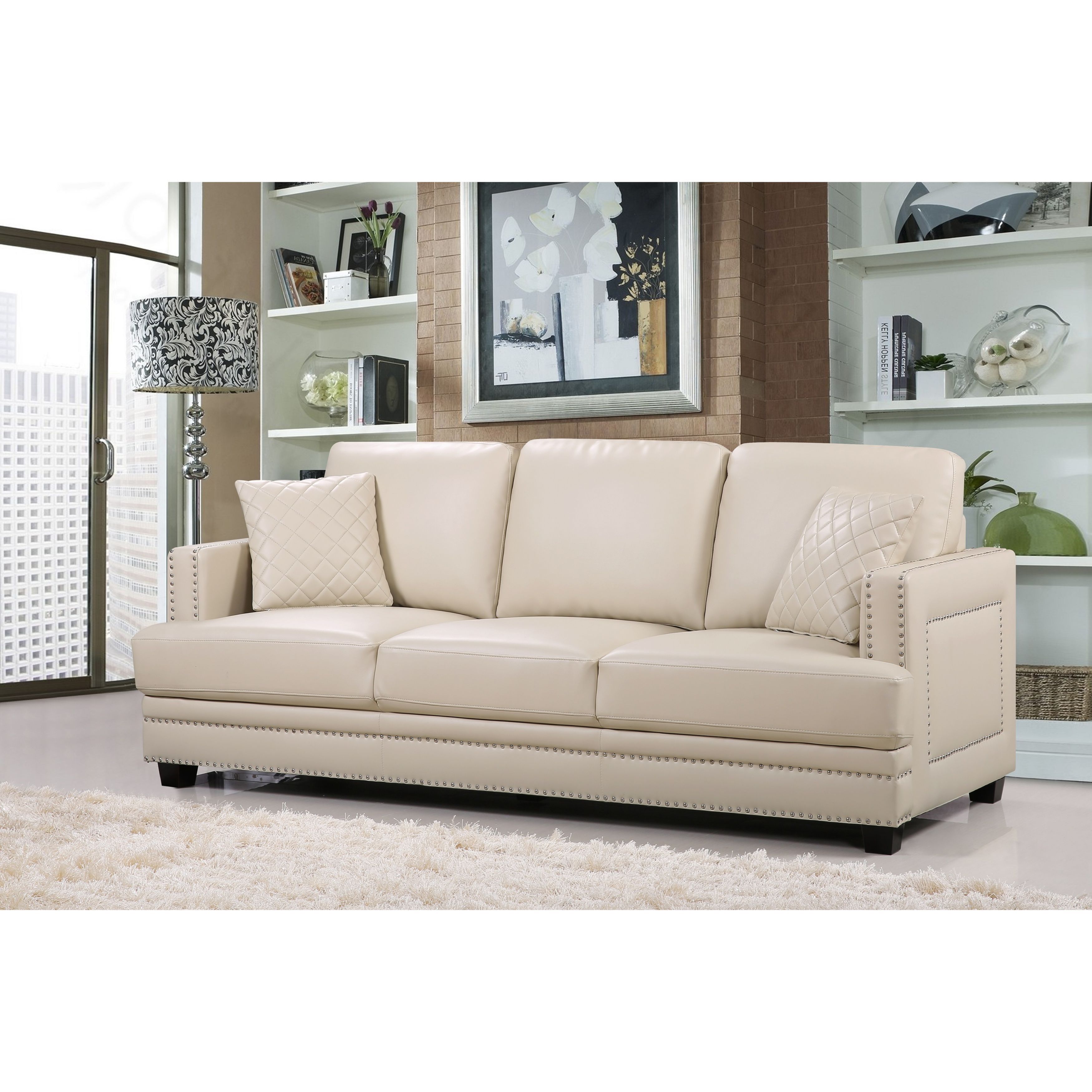 Shop Ferrara Beige Leather Nailhead Sofa Overstock 11023835