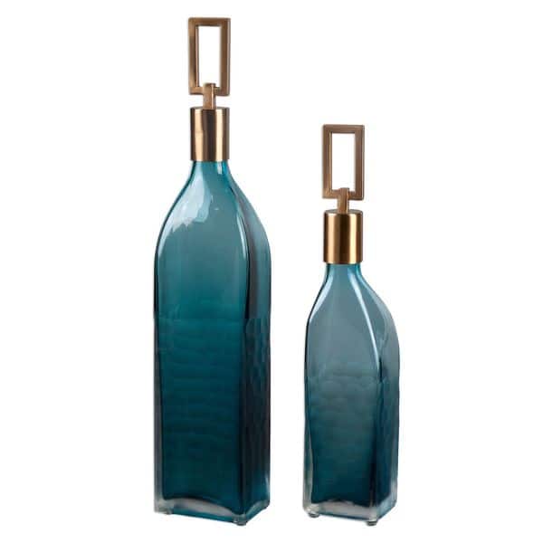 slide 1 of 1, Annabella Teal Glass Bottles (Set of 2)