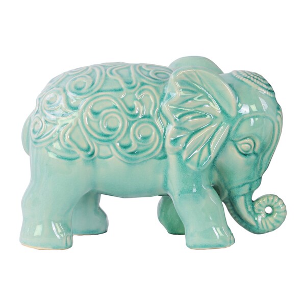 Ceramic Gloss Finish Sky Blue Standing Elephant Figurine with Embossed Swirl Design