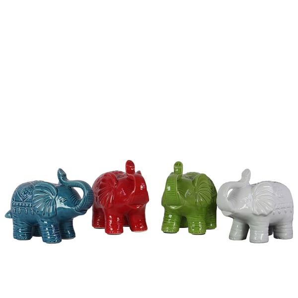 Assorted Color Craquelure Glossy Finish Ceramic Trumpeting Standing Elephant Figurine Small (Set of 4)