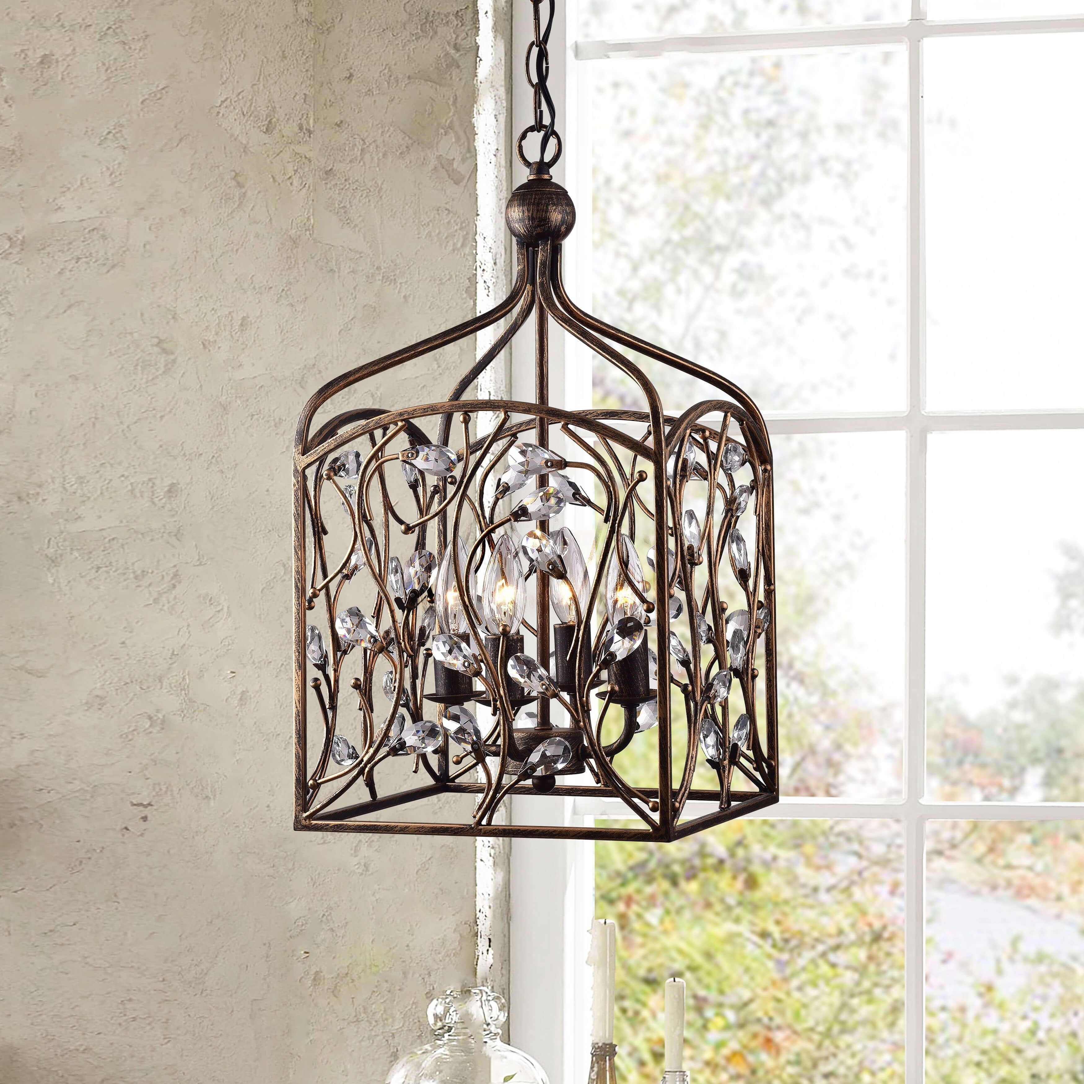 Ashley Crystal Bud Foyer Pendant Lantern in Antique Copper (Crystal, Pendant Lantern, Antique Copper) - Chandeliers For Bedrooms by Overstock.com