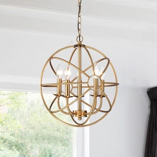 slide 1 of 1, Clay Alder Home Hanover 5-light Polished Brass Metal Strap Globe Chandelier