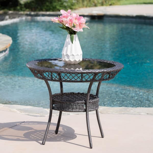 slide 2 of 9, Figi Outdoor 34-inch Wicker Glass Table (ONLY) by Christopher Knight Home Brown