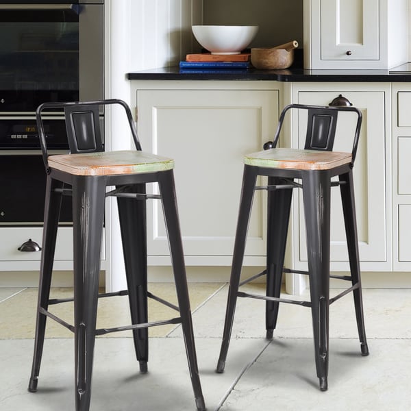 Shop Adeco Wood Seat Gunmetal Finish Bar Stools (Set of 2) On Sale