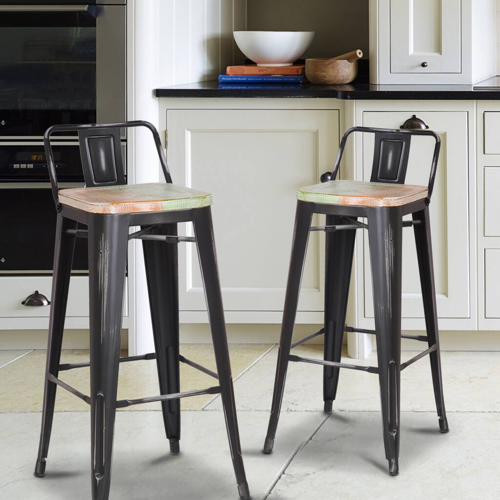 Adeco Wood Seat Gunmetal Finish Bar Stools (Set of 2)