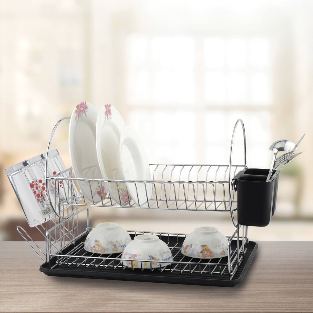 Space Saving 2-tier Black and Chrome Side Circle Design Dish Rack Set