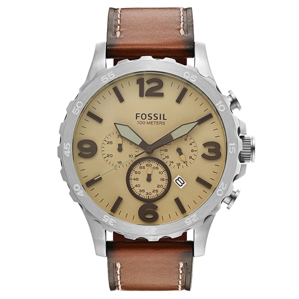 Shop Fossil Men's JR1503 Nate Chronograph Beige Dial Brown Leather
