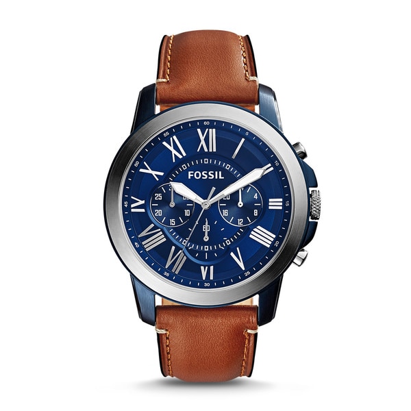 Fossil Men's FS5151 Grant Chronograph Blue Dial Brown Leather Watch ...
