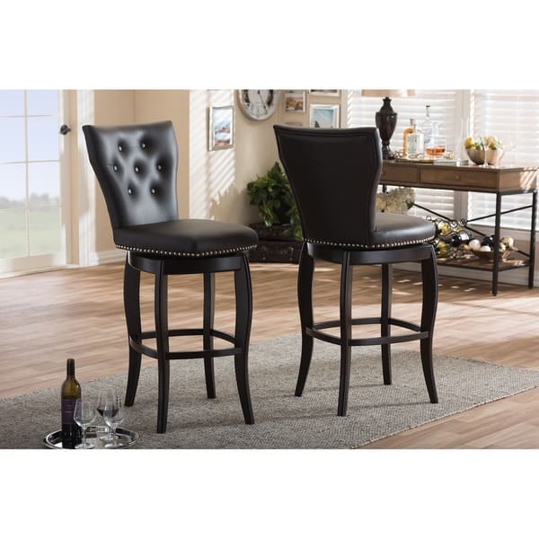 Baxton Studio Leonice Modern and Contemporary Dark Brown Faux Leather Upholstered Button-tufted 29-Inch Swivel Bar Stool - Set of 2