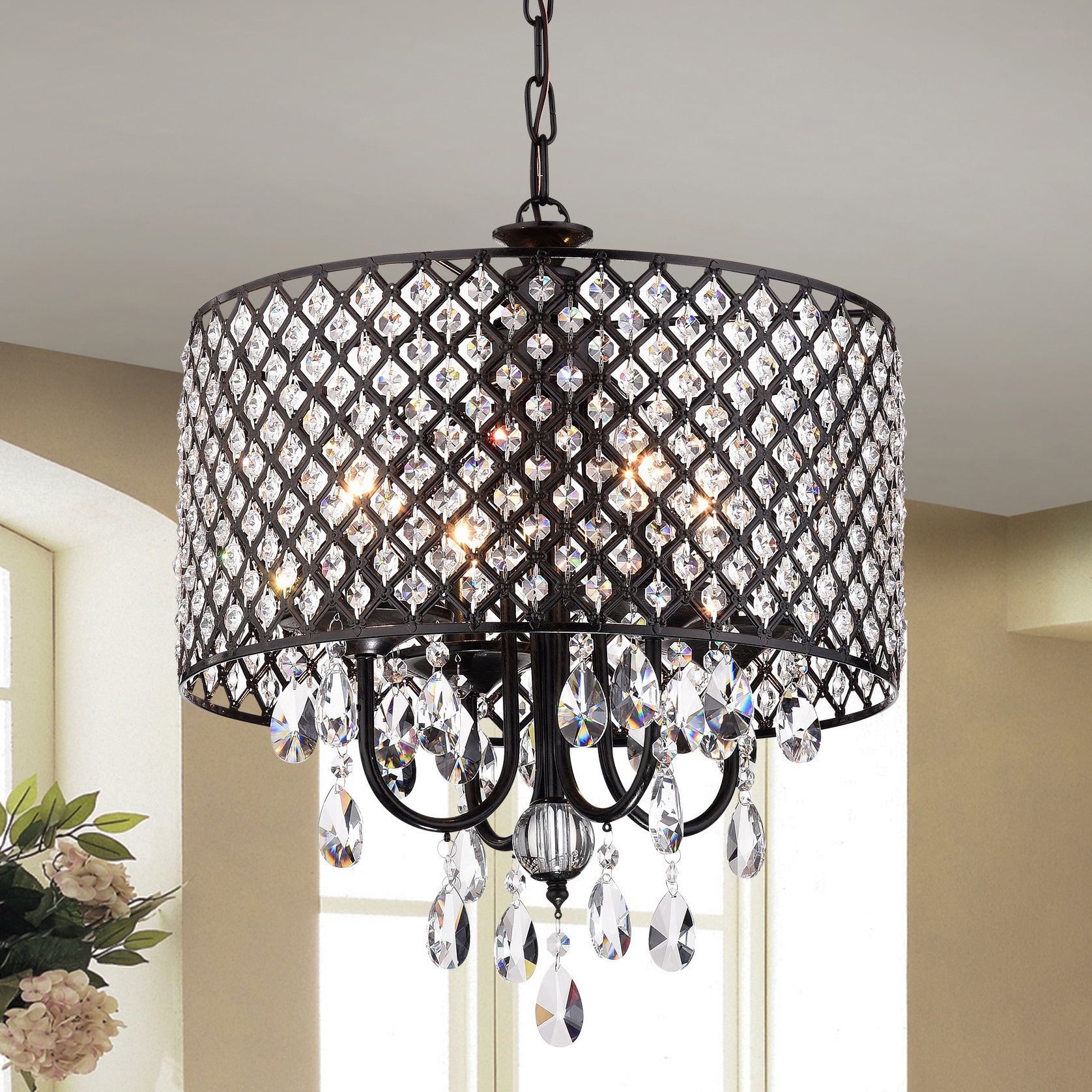 Warehouse of Tiffany Monet 4-lights Black-finished 17-inch Crystal Round Chandelier