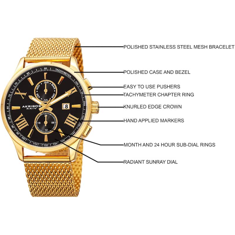 Akribos XXIV Men's Swiss Quartz Multifunction Stainless Steel Mesh Gold-Tone Bracelet Watch - GOLD
