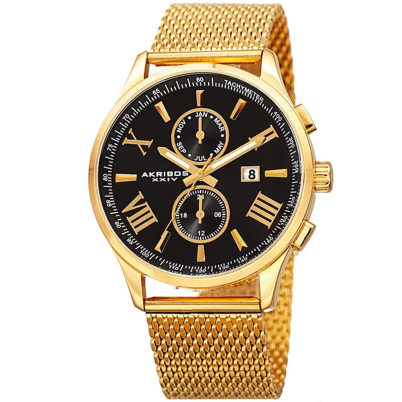 Akribos XXIV Men's Swiss Quartz Multifunction Stainless Steel Mesh Gold-Tone Bracelet Watch - GOLD