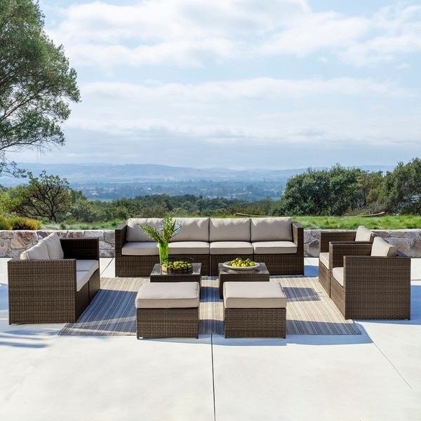Corvus Trey 12-piece Dark Brown Wicker Patio Furniture Set with Glass Top