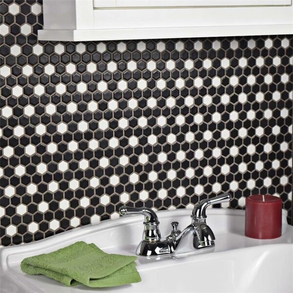 Somertile 11 5x13 25 Inch Victorian Mini Hex Matte Black With Somertile 11 5x13 25 Inch Victorian Mini Hex Matte Black With White Dot Porcelain