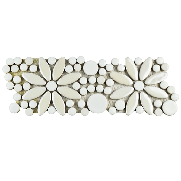 SomerTile 4.25x12.75-inch Andromeda Penny Flower White Porcelain Mosaic Border Floor and Wall Tile (10 tiles/3.8 sqft)